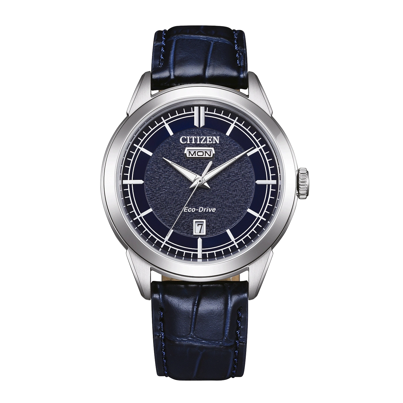 Een Citizen Eco-Drive horloge met een blauwe wijzerplaat en een blauw leren bandje.