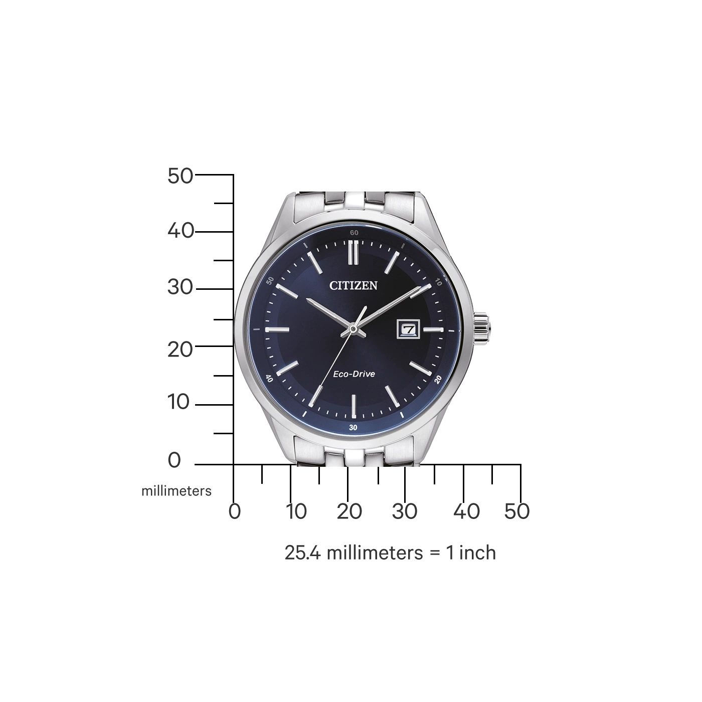 Citizen horloge met donkerblauwe wijzerplaat en zilveren band, Eco-Drive technologie.