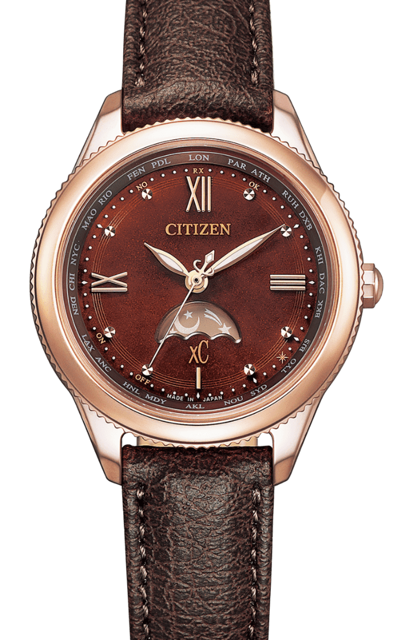 Citizen horloge met bruine leren band, wereldtijd en maanfase-display.