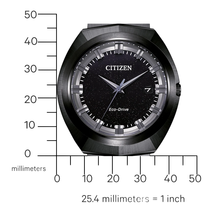 Citizen horloge met zwarte wijzerplaat en Eco-Drive technologie, elegant design.