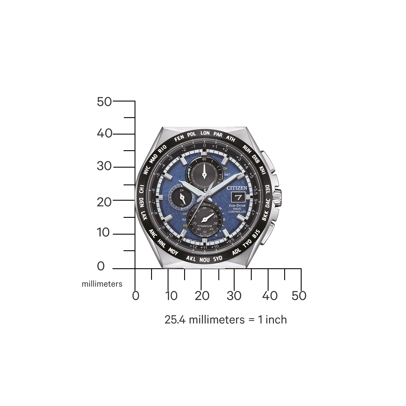 Citizen horloge met tijdzones, datum en Eco-Drive technologie. Titanium, radiogestuurd.