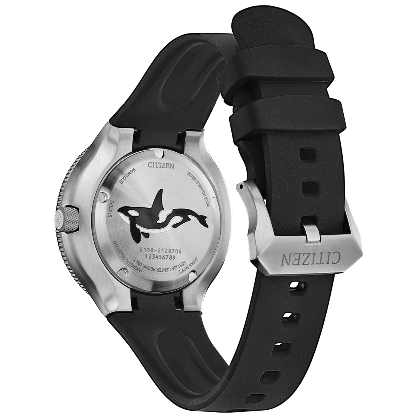Citizen horloge met zwarte band, orka ontwerp en roestvrijstalen achterkant.