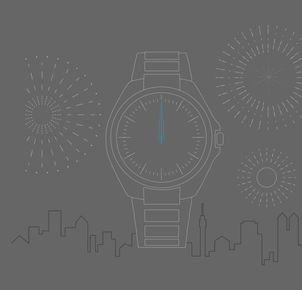 Horloge toont middernacht met vuurwerk en skyline op grijze achtergrond.