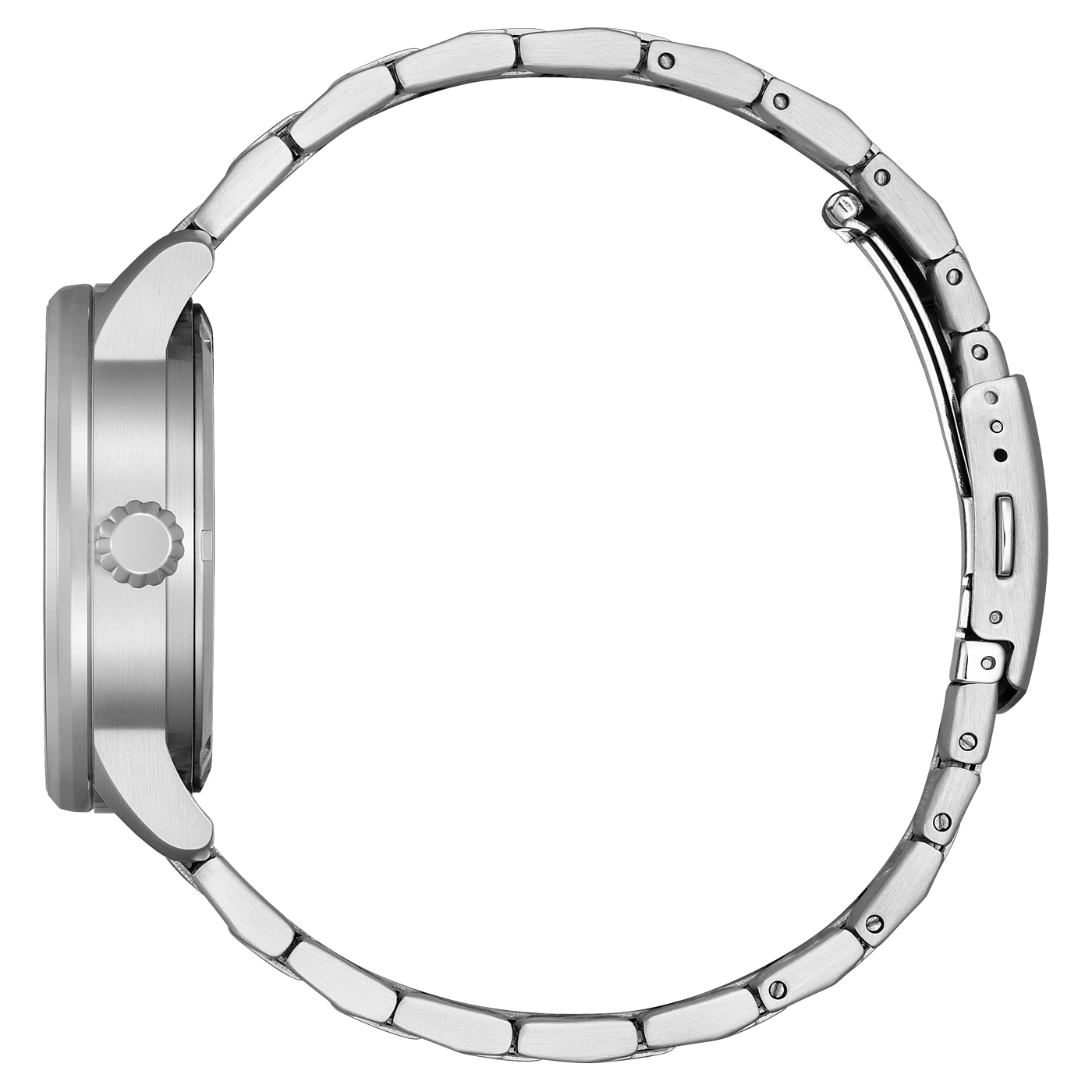 Zilveren horloge met metalen band, zijaanzicht, geïsoleerd op witte achtergrond.