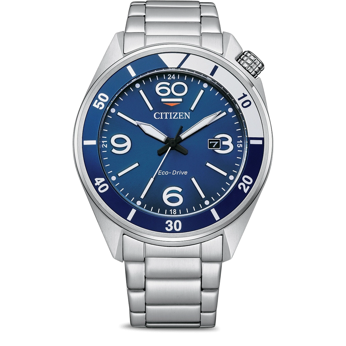 Citizen horloge met blauwe wijzerplaat, zilveren band en datumweergave. Eco-Drive technologie.