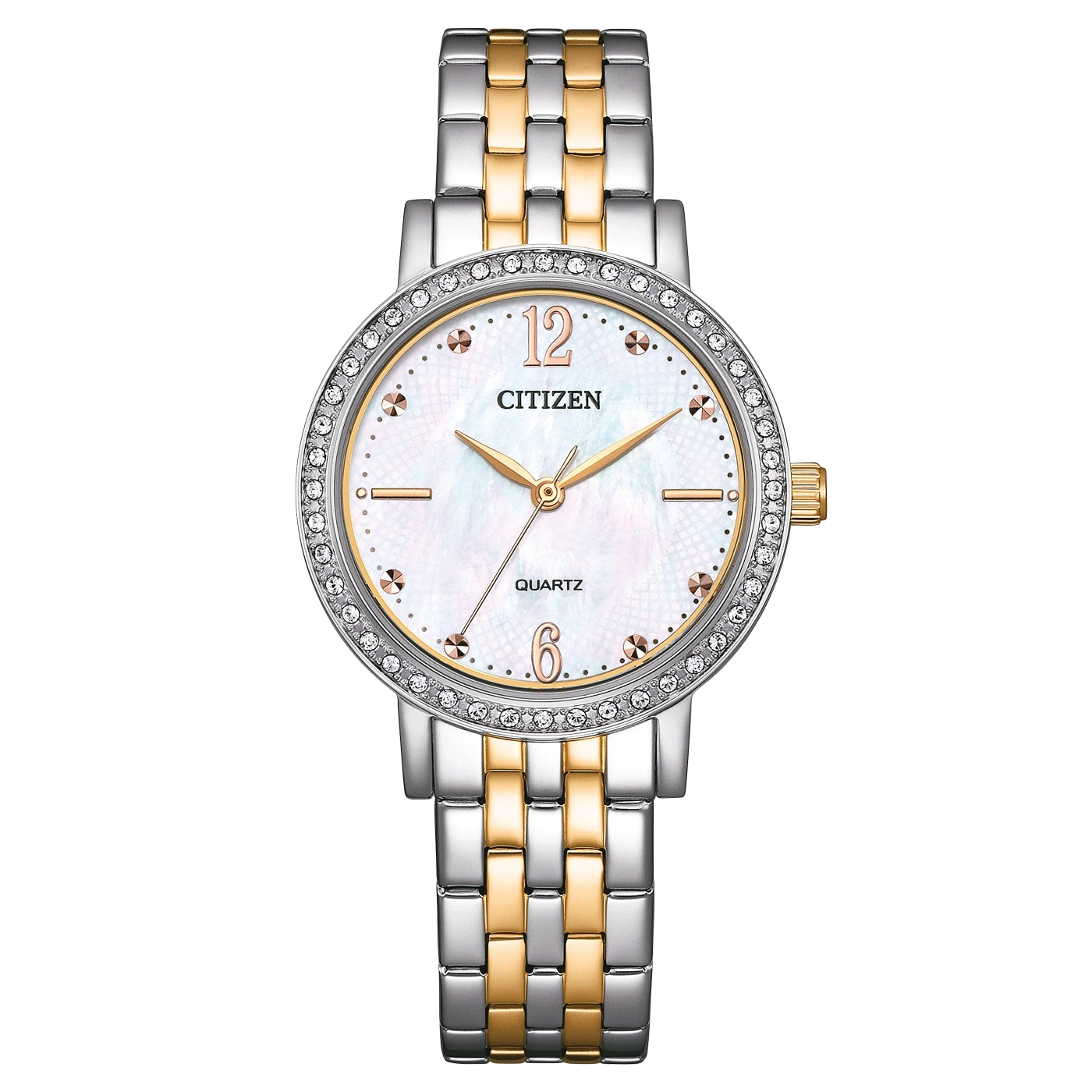 Citizen horloge met witte wijzerplaat, gouden en zilveren band, en diamant accenten.