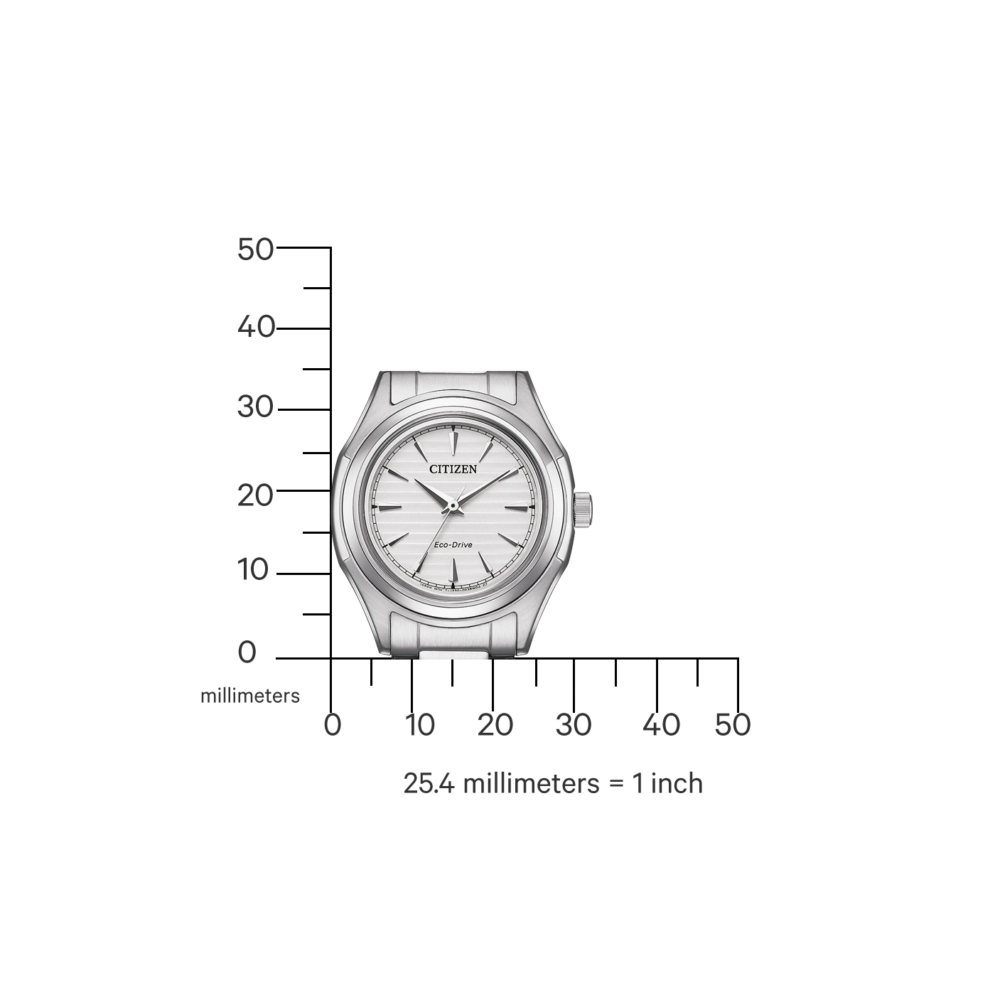 Citizen horloge met Eco-Drive technologie, zilverkleurig, en een millimeterschaal voor de grootte.