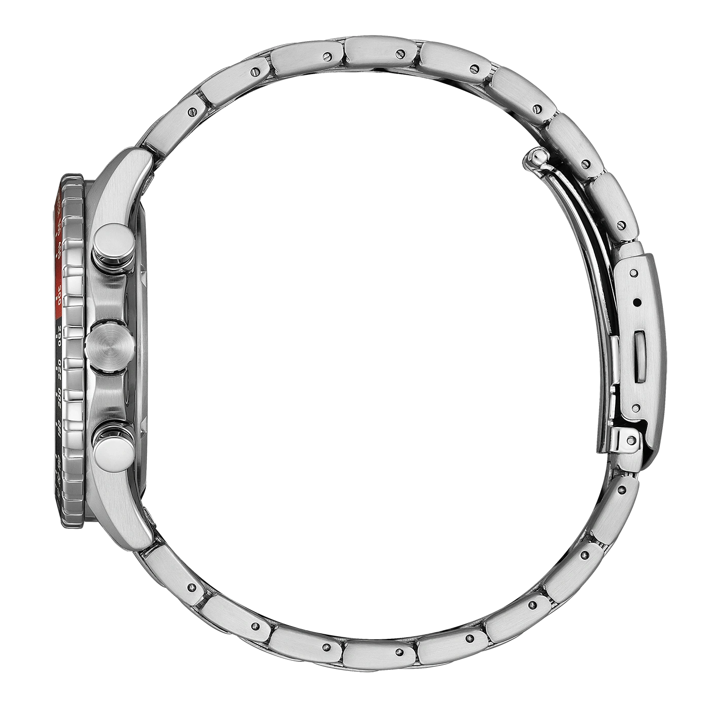 Zijaanzicht van een zilveren horloge met metalen band en rode accenten.
