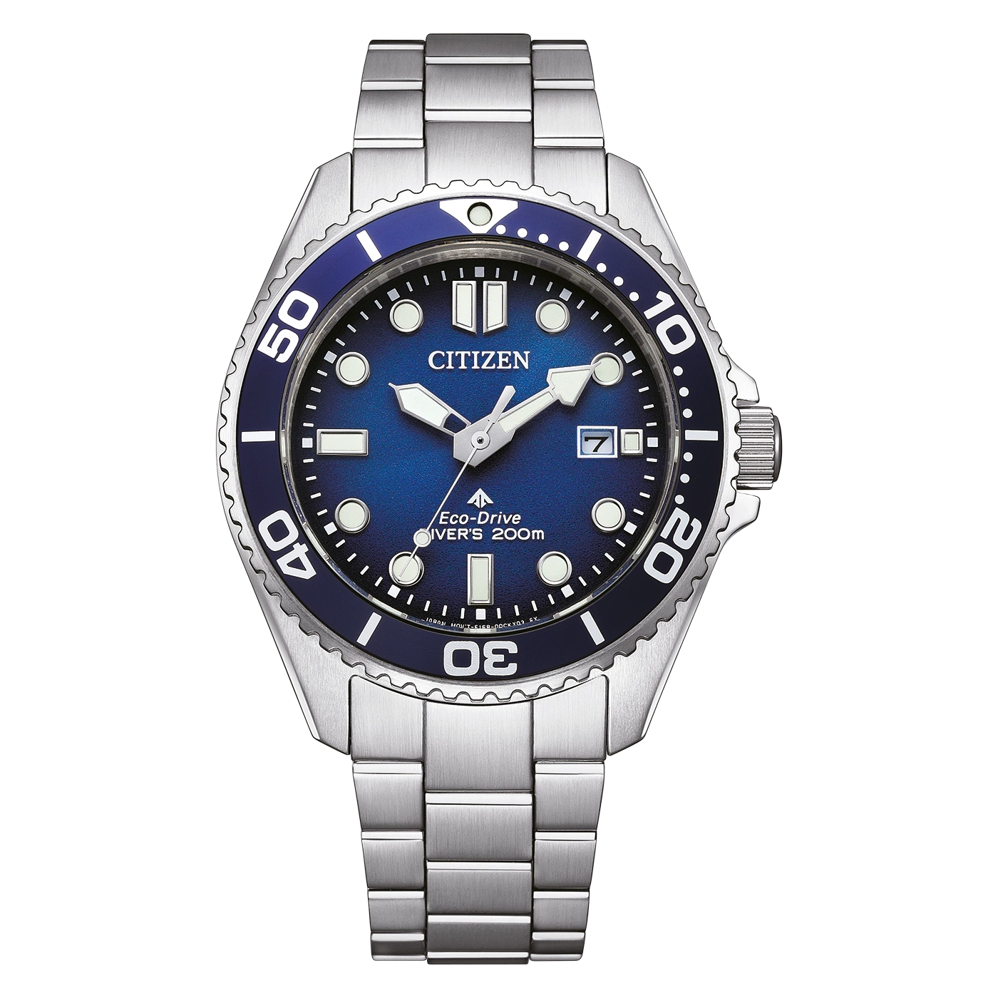 Citizen horloge met blauwe wijzerplaat en zilveren armband, ideaal om te duiken.