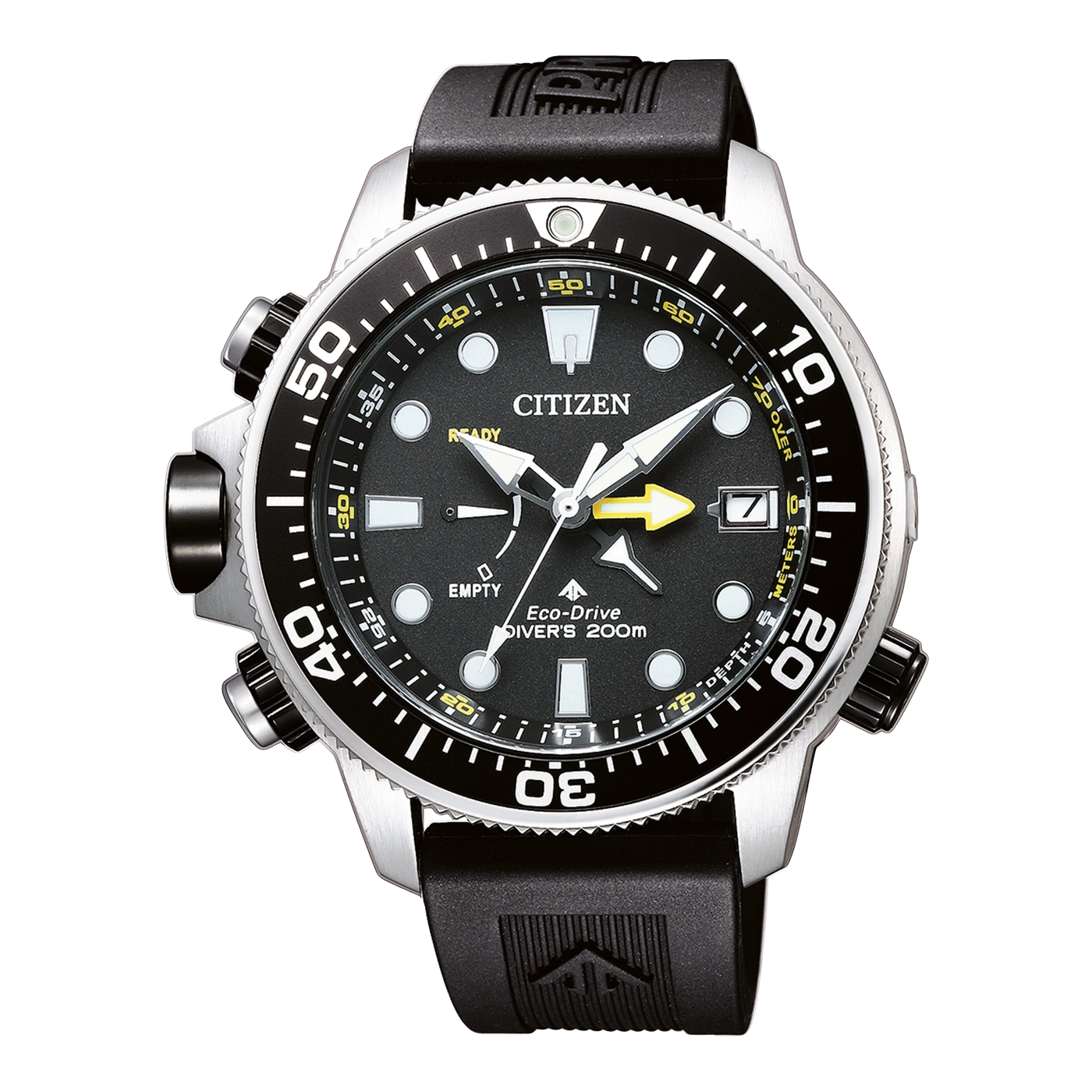Citizen horloge met zwarte wijzerplaat, Eco-Drive, duiker 200m, zwarte band en zilveren kast.