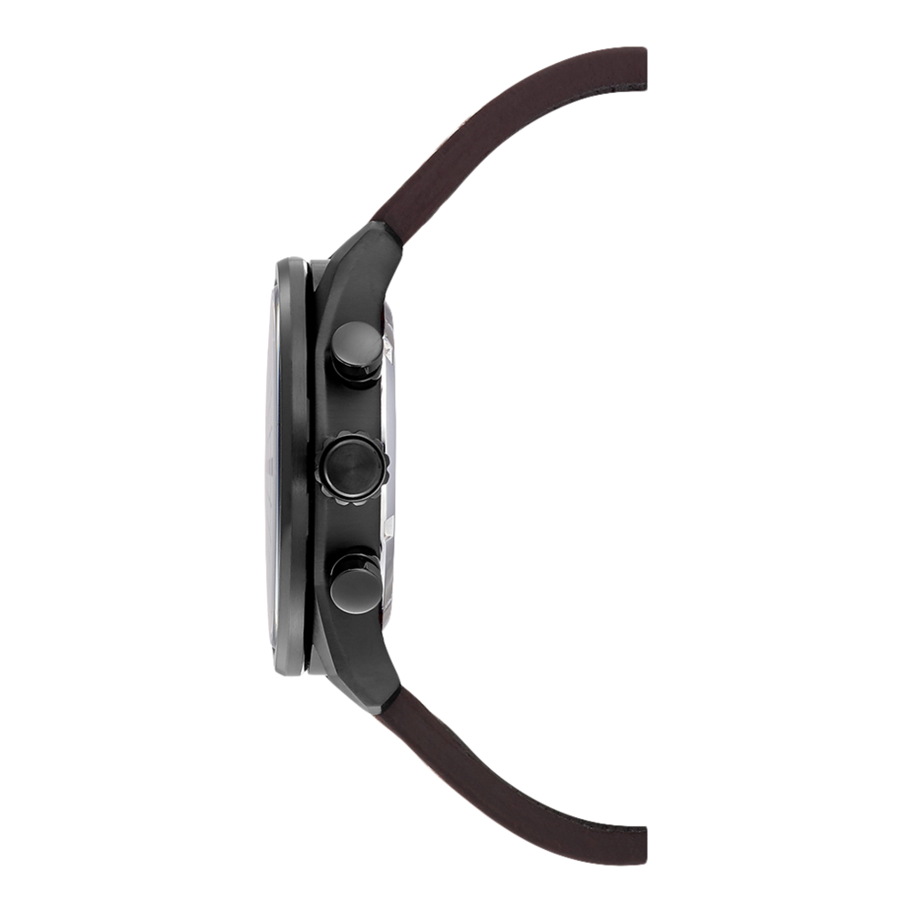 Zijaanzicht van een zwart horloge met een bruine leren band en knoppen.