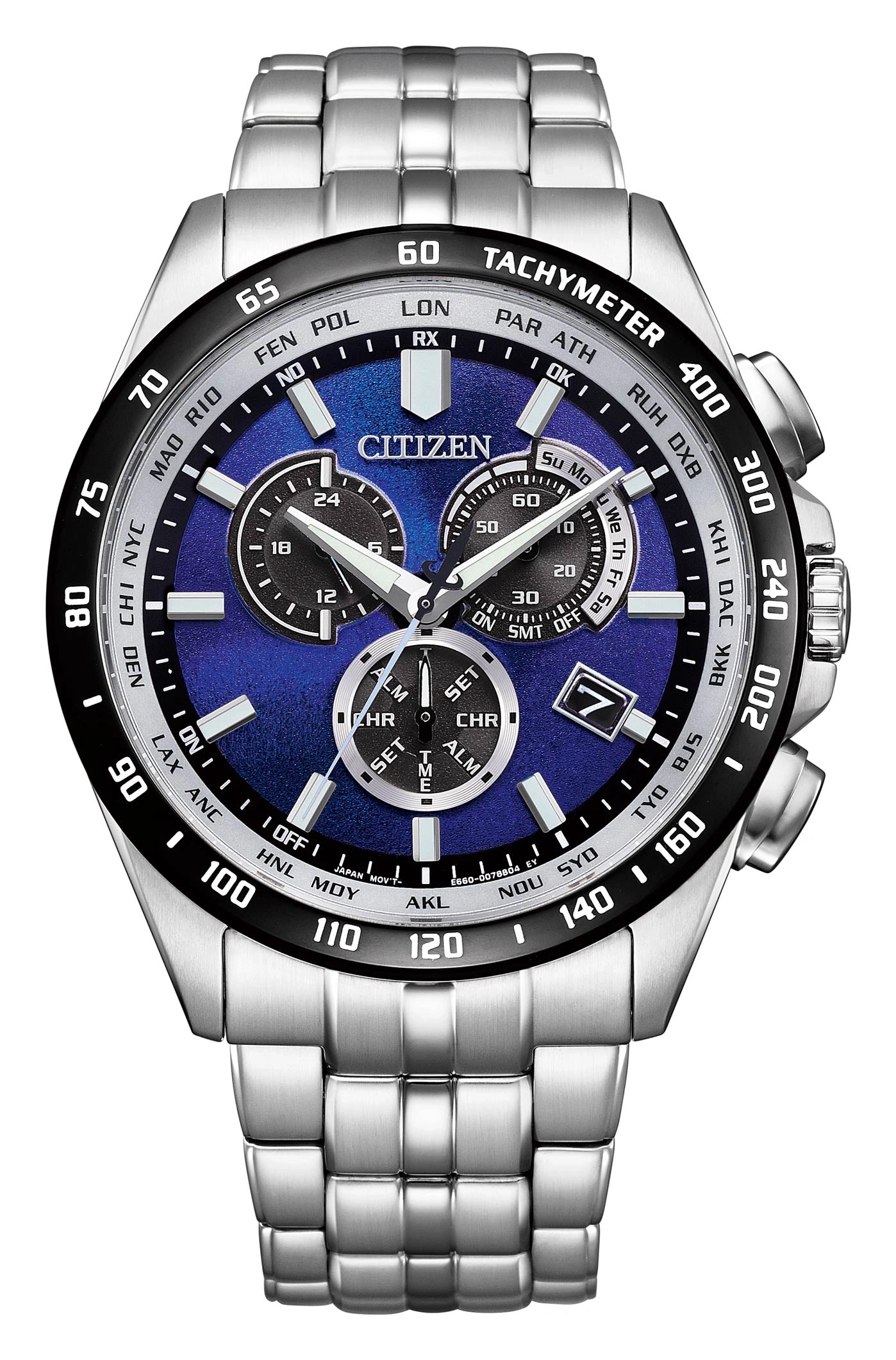 Citizen horloge met blauwe wijzerplaat, tachymeter en roestvrijstalen band. Chronograaf.