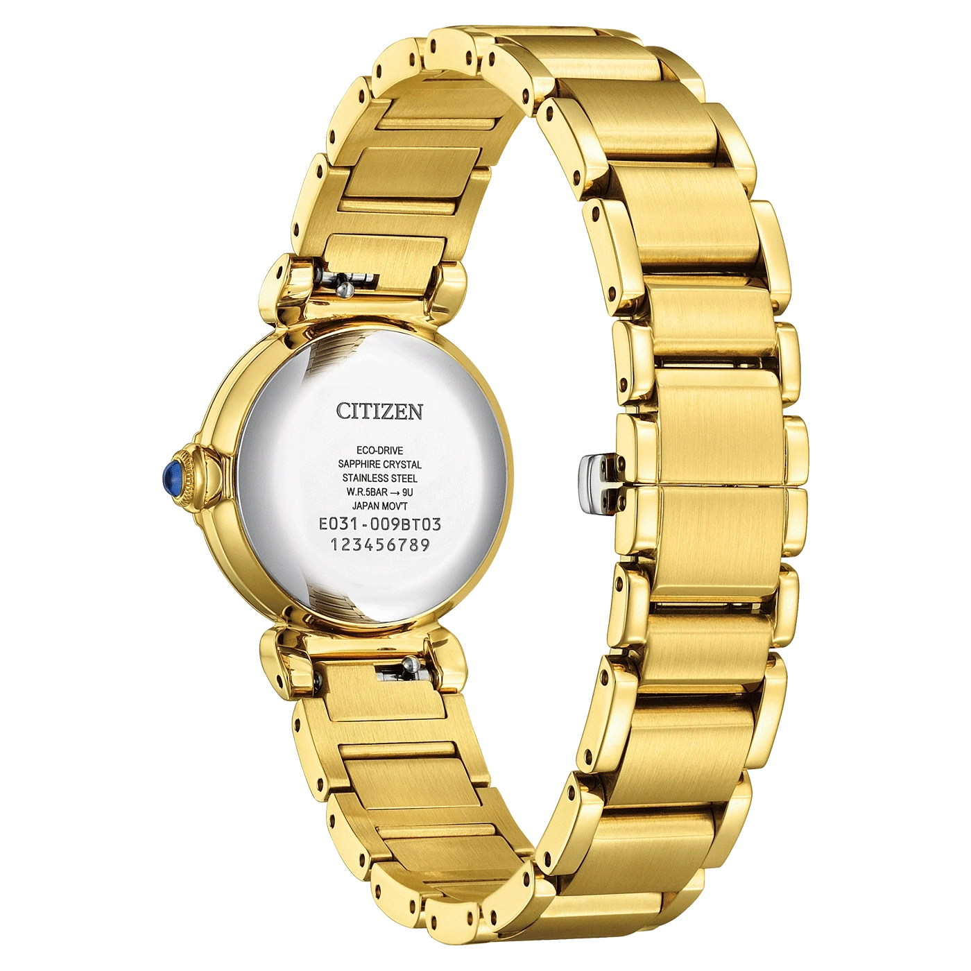 Gouden Citizen horloge, achterkant, roestvrij staal, saffierglas, Eco-Drive