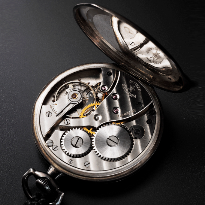 Close-up van een Citizen Shokosha zakhorloge met ingewikkelde tandwielen en details.