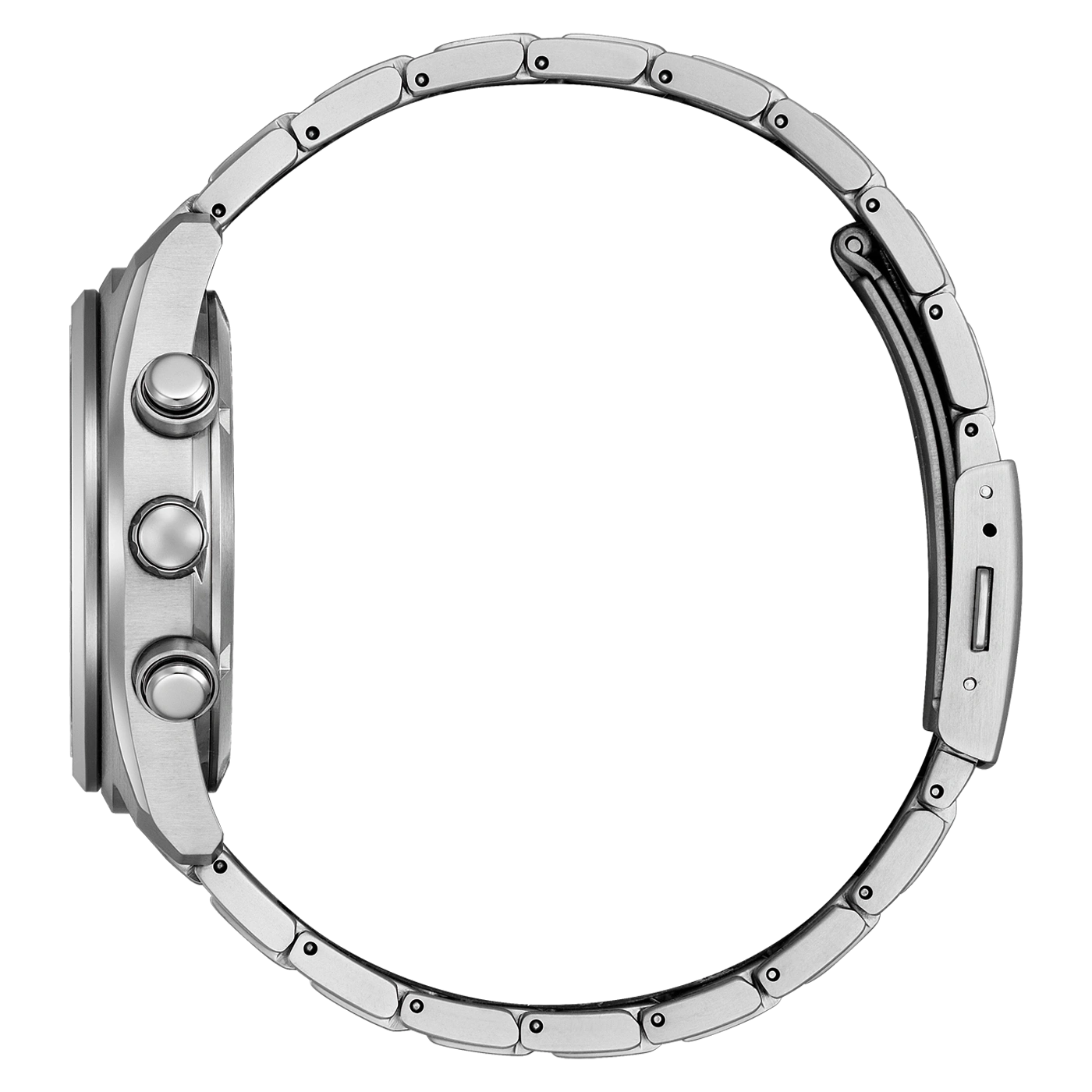 Zijaanzicht van een zilverkleurig horloge met metalen band en twee knoppen aan de zijkant.