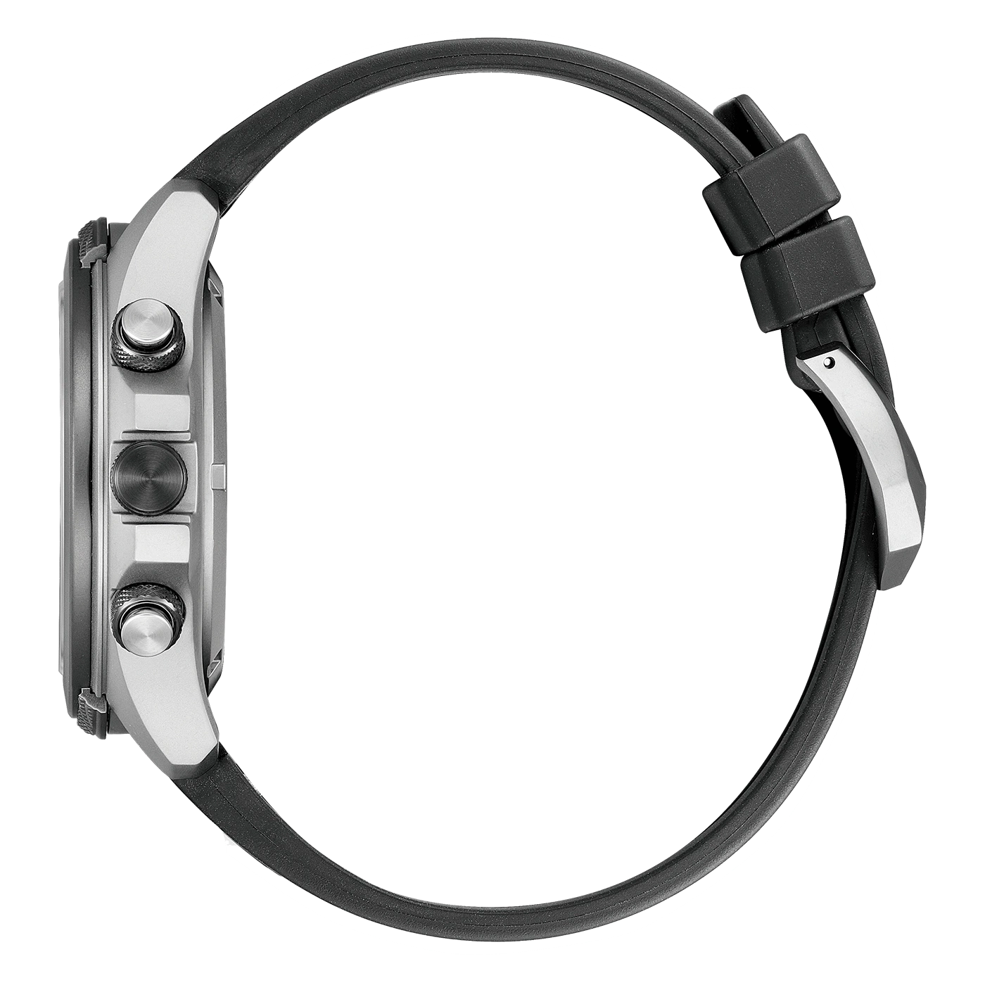 Zijaanzicht van een zilveren horloge met een zwarte band en knoppen.