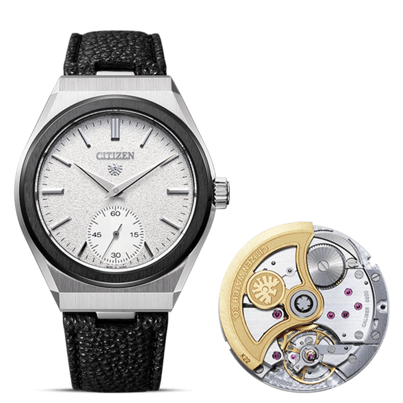 Citizen horloge met zwarte band en het interne mechanisme.