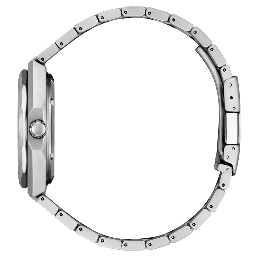 Zijaanzicht van een zilveren polshorloge met metalen band, elegant design
