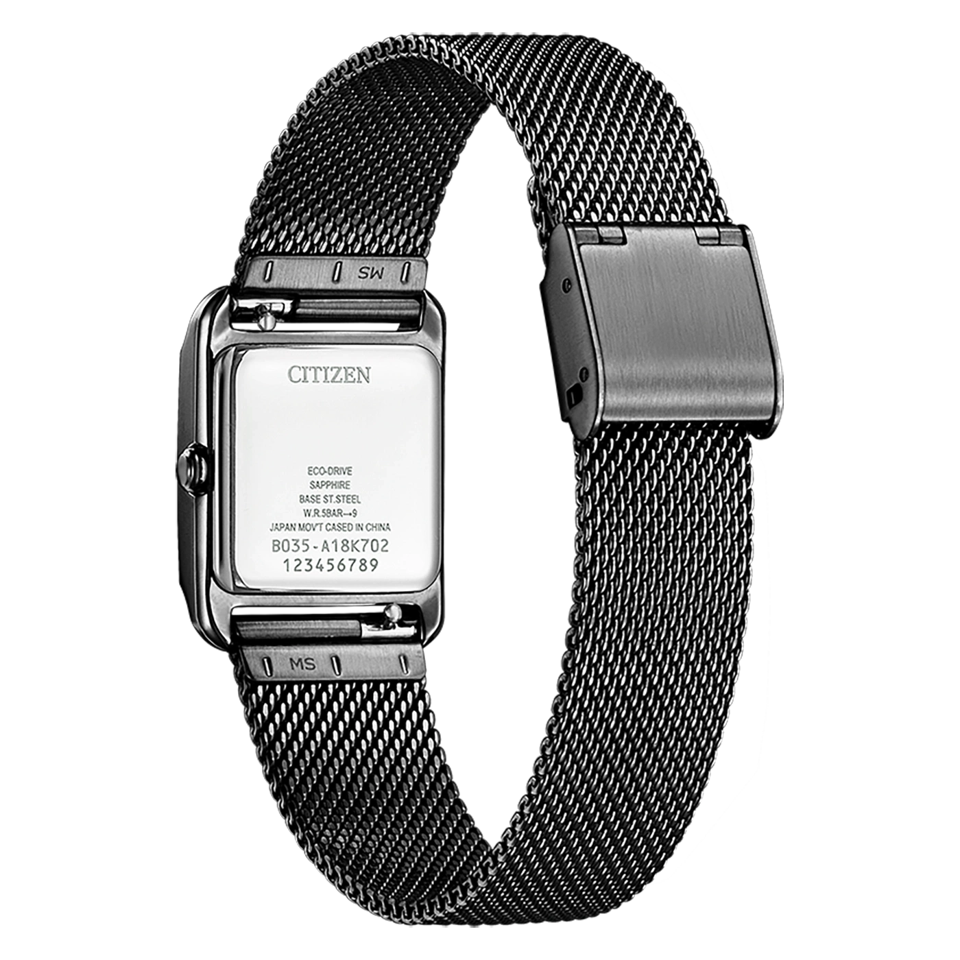 Citizen horloge met zwarte mesh band, Eco-Drive, saffier, roestvrij staal.