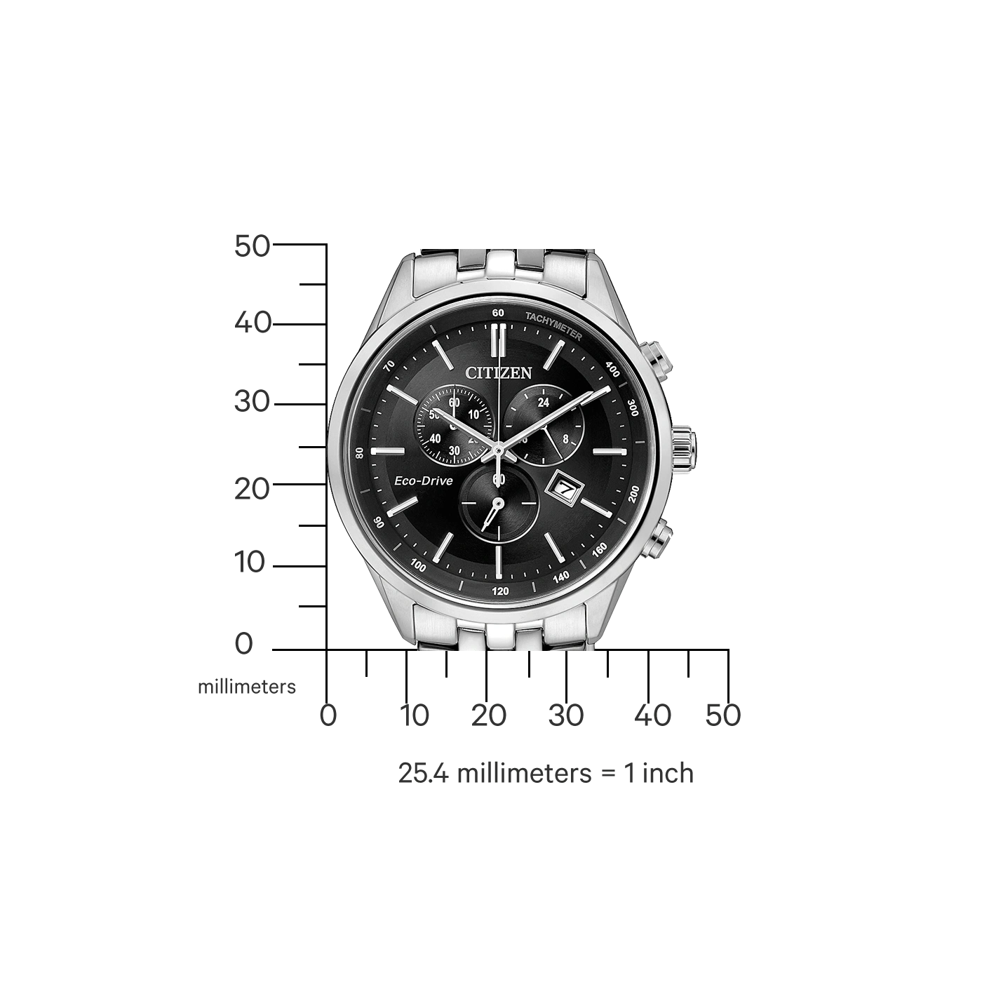 Citizen horloge met zwarte wijzerplaat en zilveren band, Eco-Drive, tachymeter.