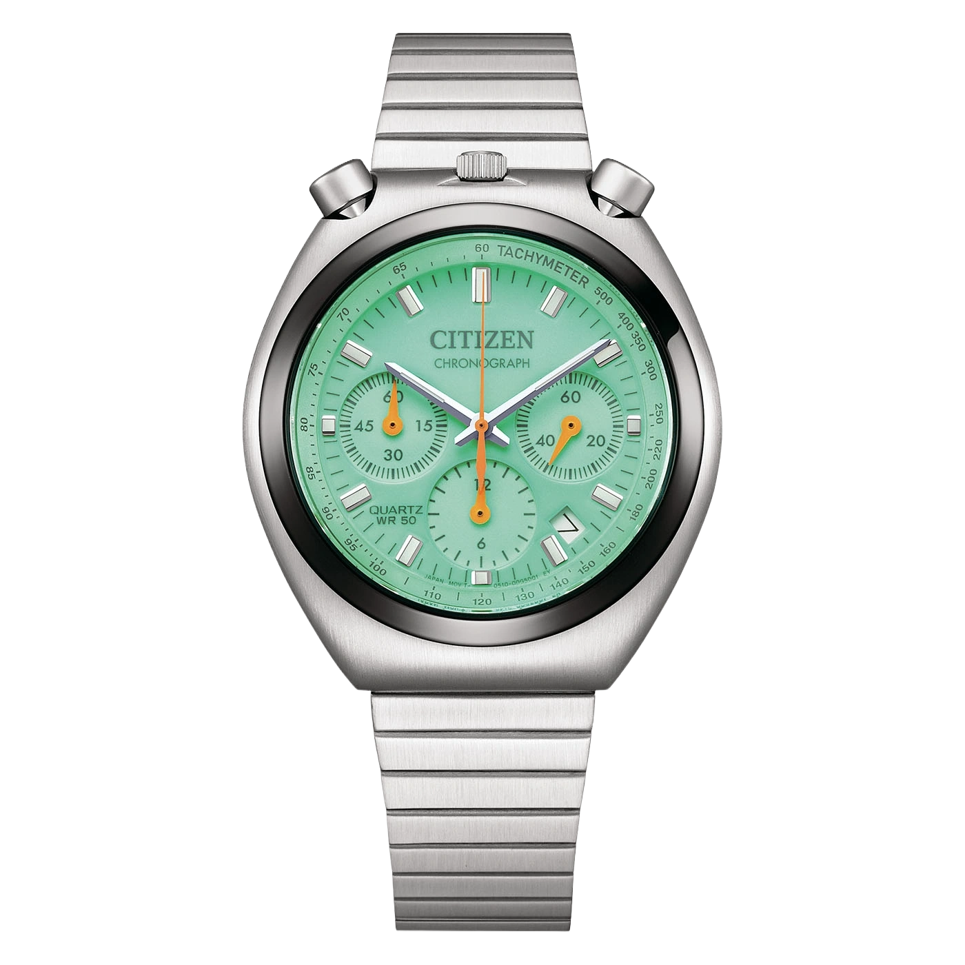 Een muntgroen Citizen chronograaf horloge met zilveren band.
