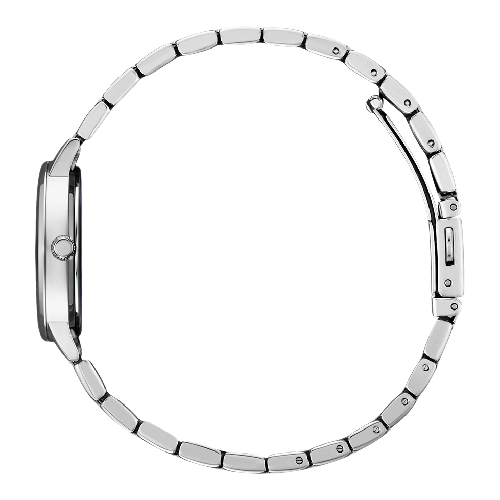 Zijaanzicht van een zilveren polshorloge met metalen band, elegant design.