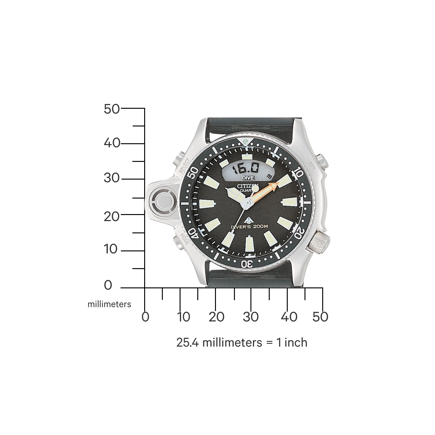 Citizen horloge met diepteweergave, zwarte wijzerplaat, zilveren kast en rubberen band.