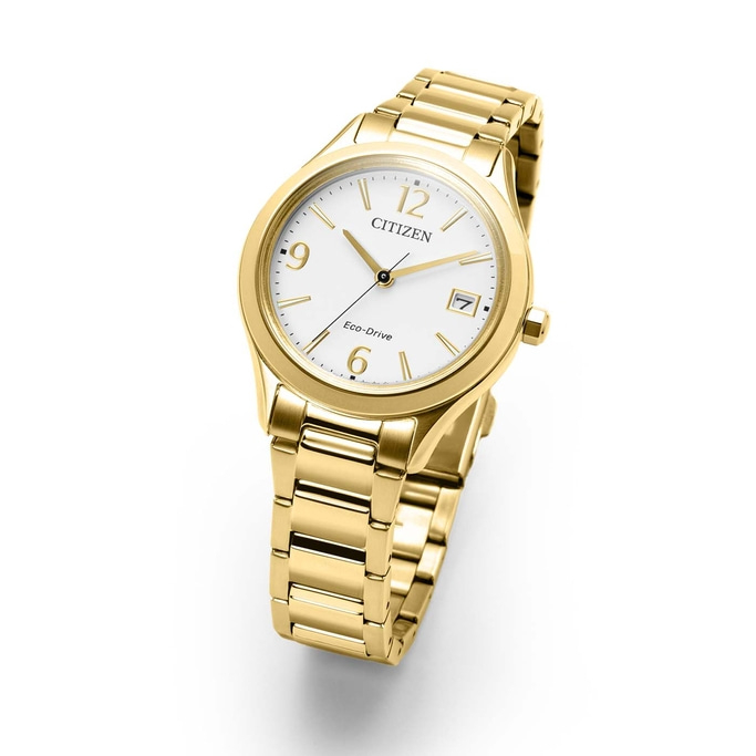 Een gouden Citizen Eco-Drive horloge met een witte wijzerplaat en datumvenster.