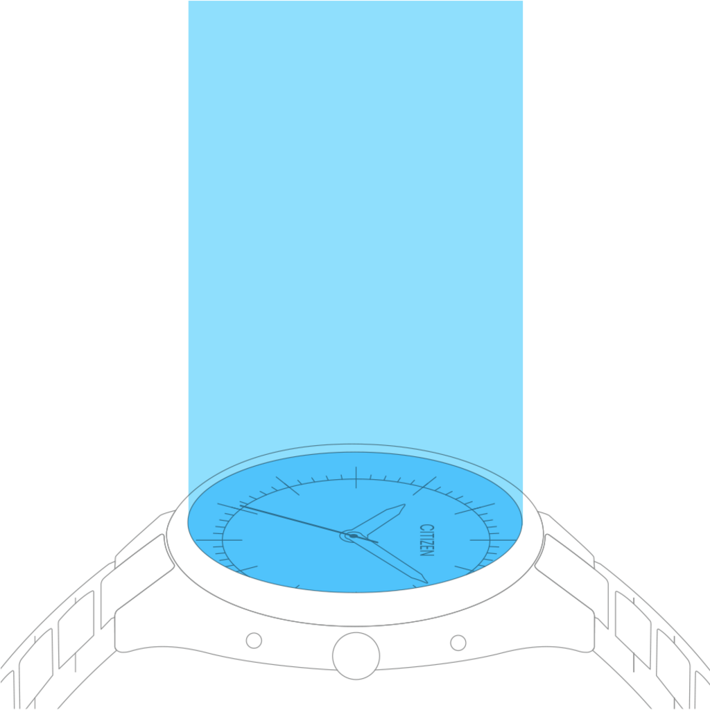 Citizen horloge met blauwe wijzerplaat en lichtblauwe achtergrond, zwarte achtergrond
