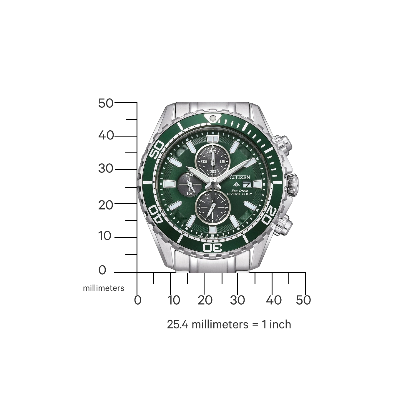 Citizen horloge met groene wijzerplaat en zilveren bezel, toont tijd en datum.