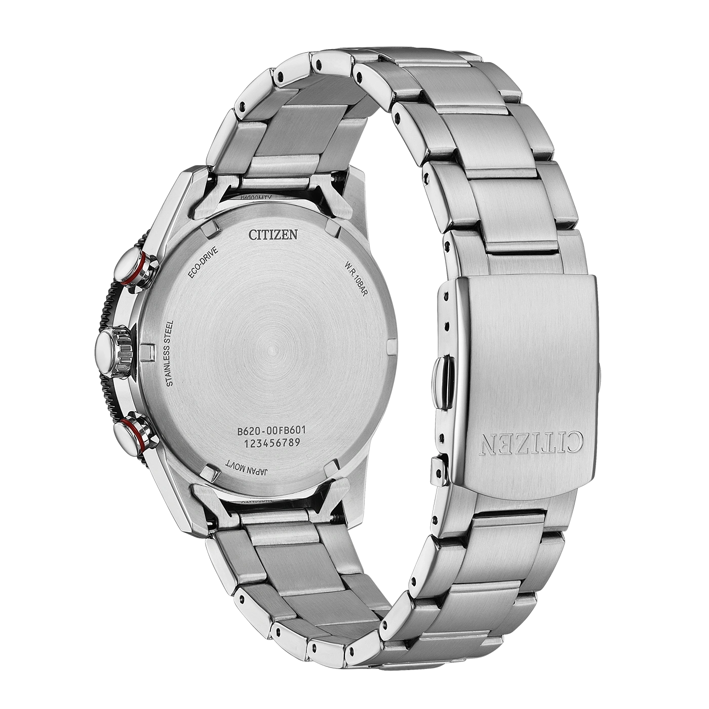 Achterkant van een zilveren Citizen Eco-Drive horloge met metalen band