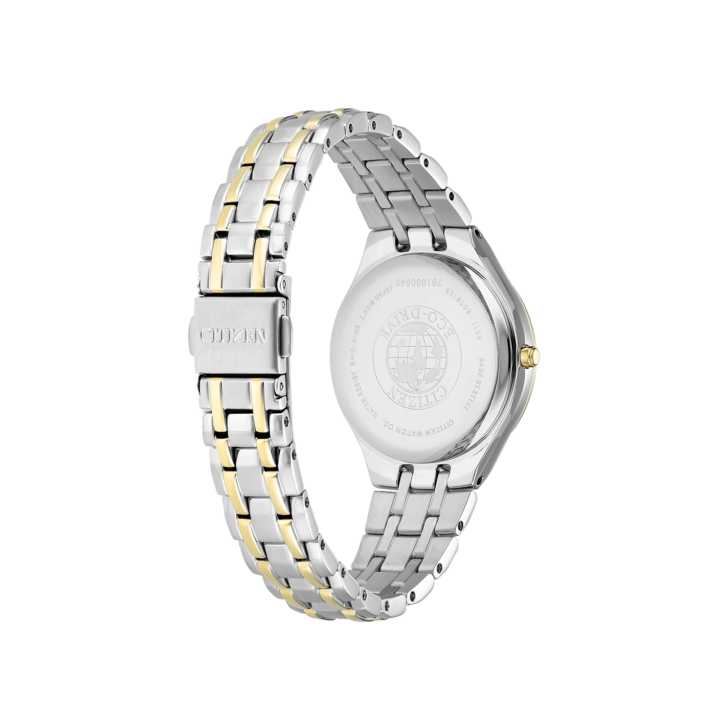 Citizen horloge achterkant, zilver en goud armband, Eco-Drive, waterbestendig, stalen basis