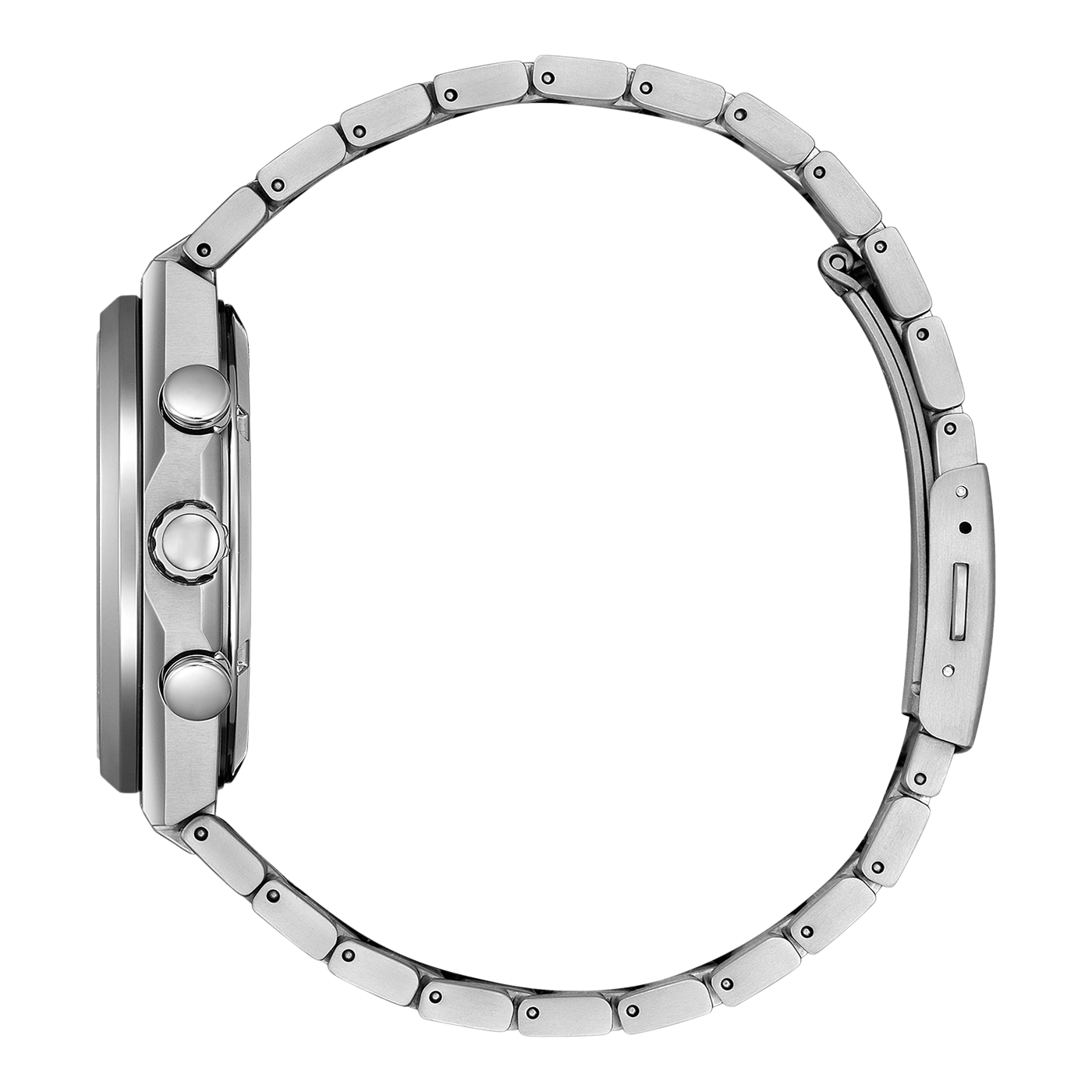 Zilveren horloge met metalen band, zijaanzicht, elegant design, moderne stijl.