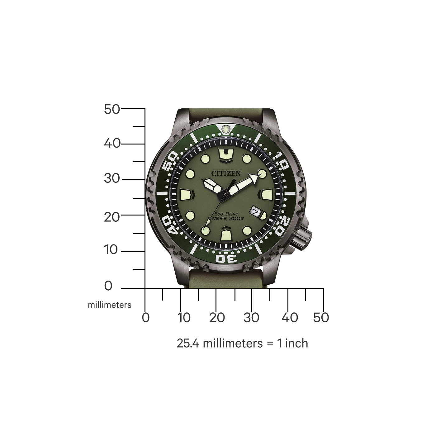 Citizen horloge met groene wijzerplaat en band, toont tijd en datum.