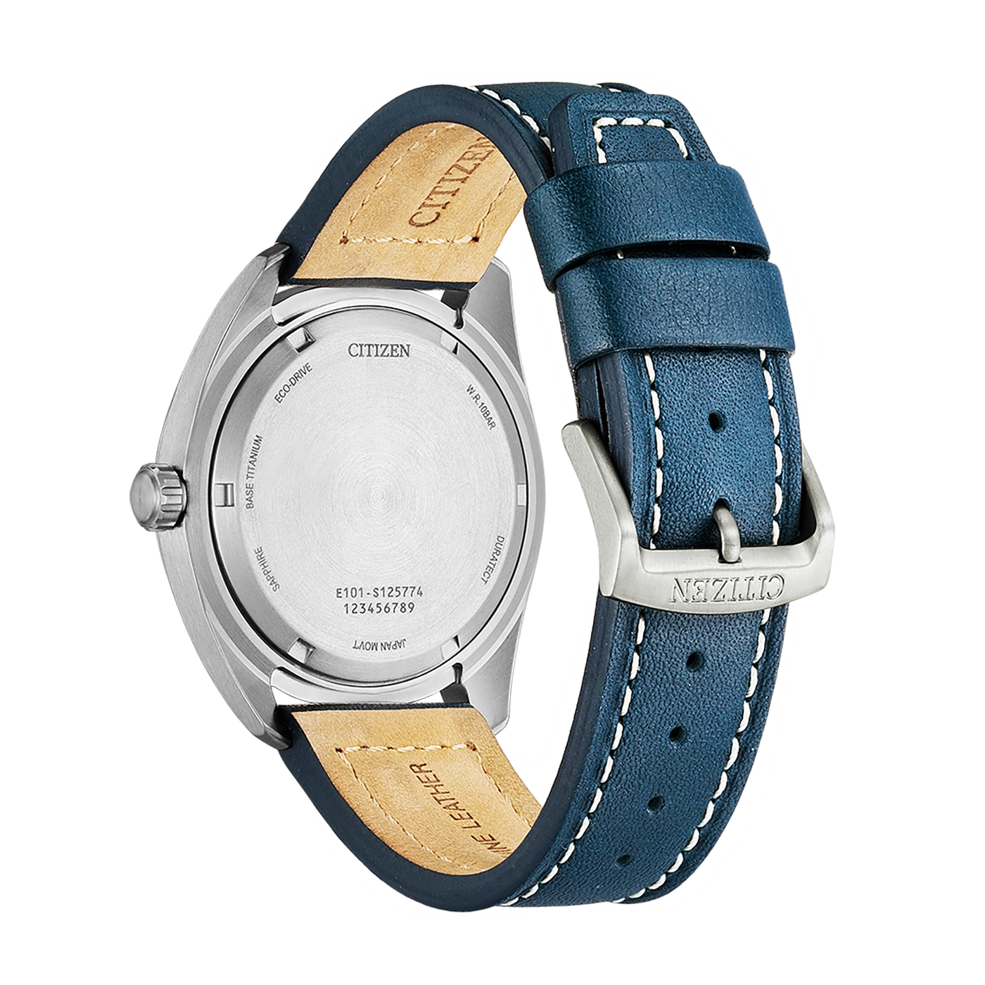 Citizen horlogekast, blauwe leren band, saffier, titanium, Eco-Drive, W.R.10BAR