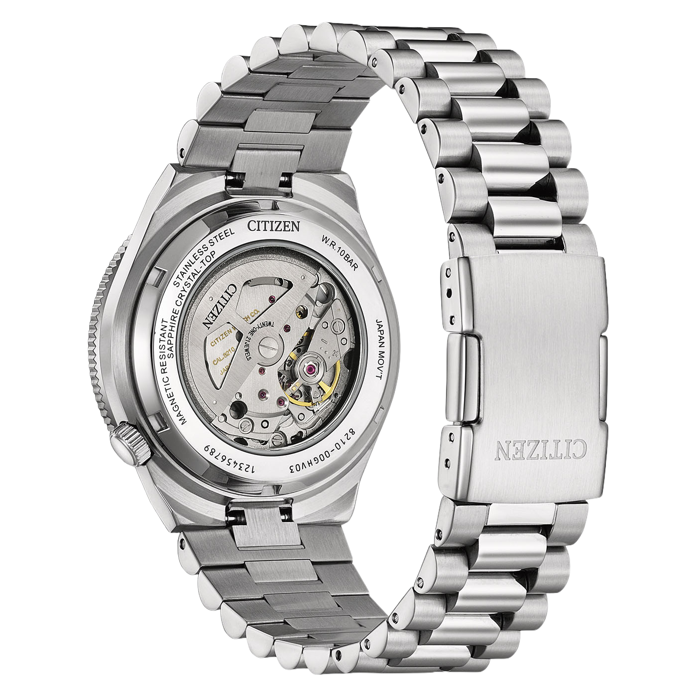 Een close-up van de achterkant van een roestvrijstalen Citizen horloge met zichtbaar automatisch uurwerk.