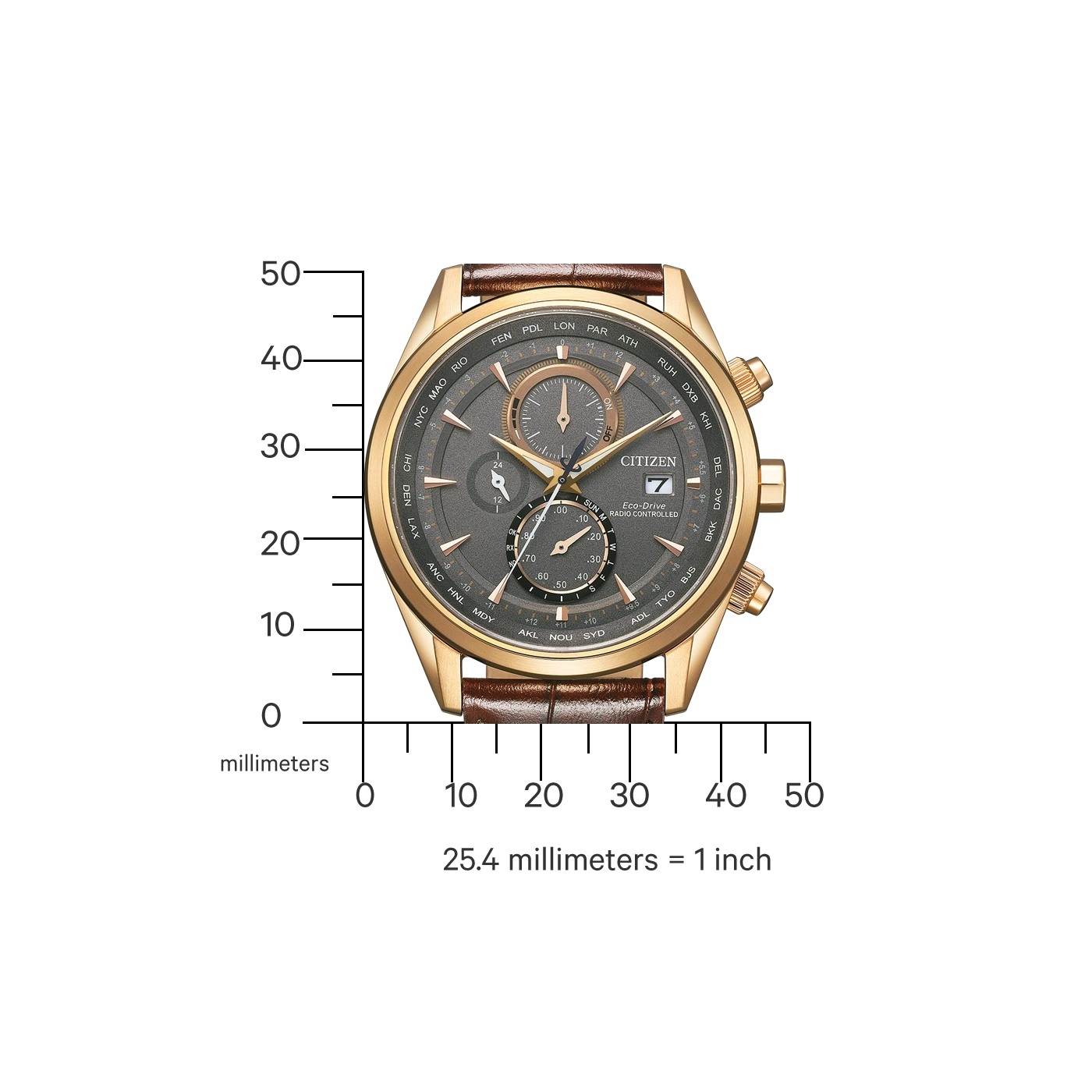 Citizen horloge met gouden kast, bruine leren band en meerdere wijzerplaten.