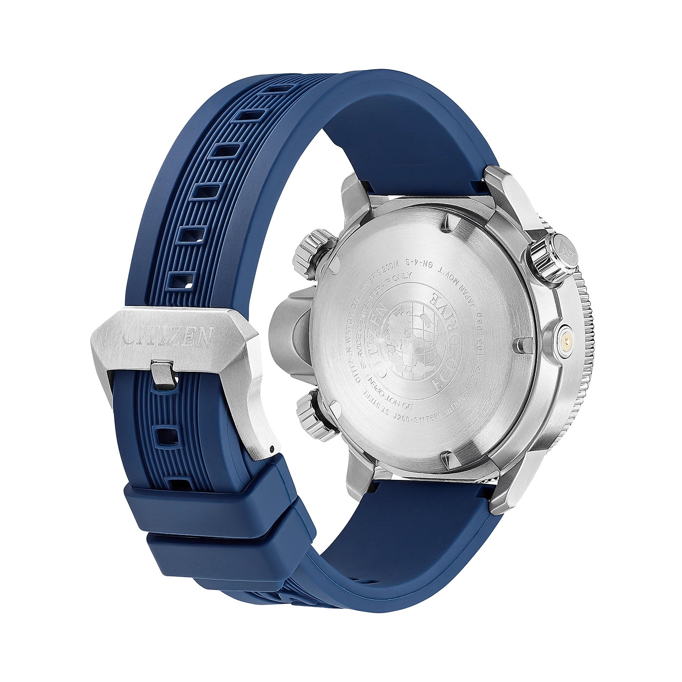 Citizen horloge met blauwe band, achteraanzicht, roestvrijstalen kast en tekstdetails.