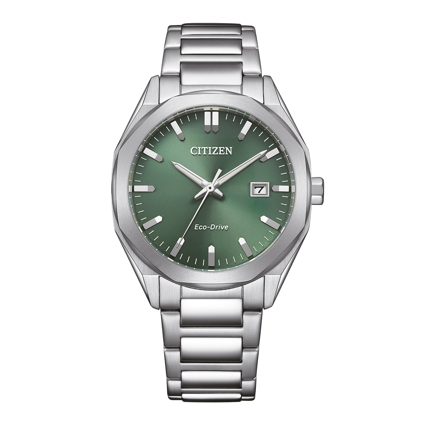 Een zilveren Citizen Eco-Drive horloge met een groen wijzerplaat en zilveren band.