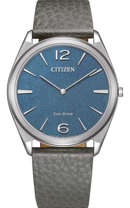 Citizen horloge met blauwe wijzerplaat en grijze leren band, elegant design.