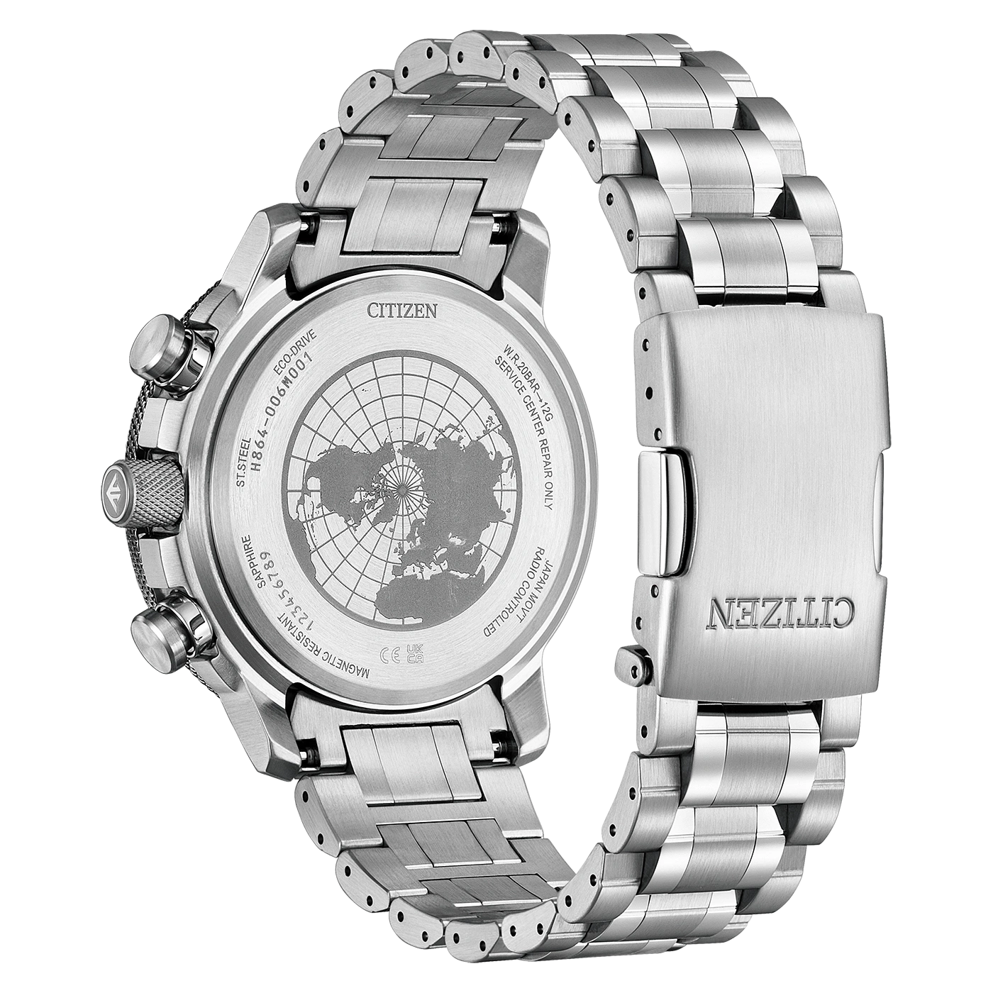 Citizen horlogerug met details: Eco-Drive, staal en wereldkaartontwerp.