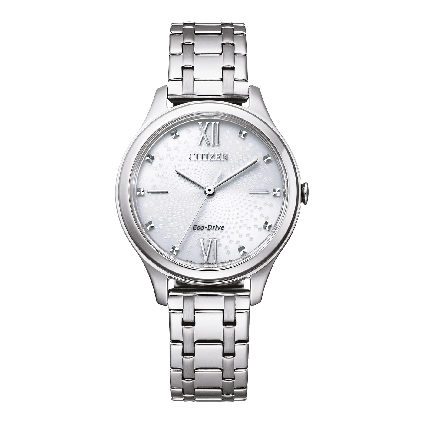 Citizen horloge met zilveren band en witte wijzerplaat, Eco-Drive technologie.