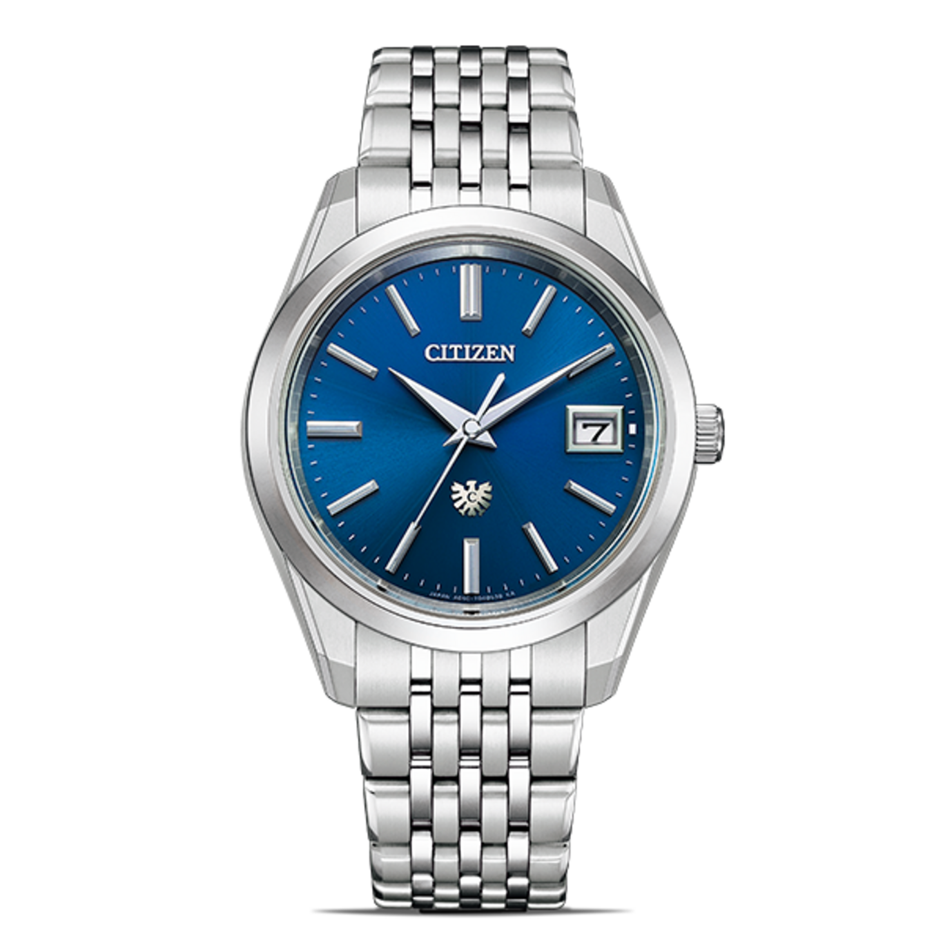 Citizen horloge met blauwe wijzerplaat en zilveren band, elegant design.