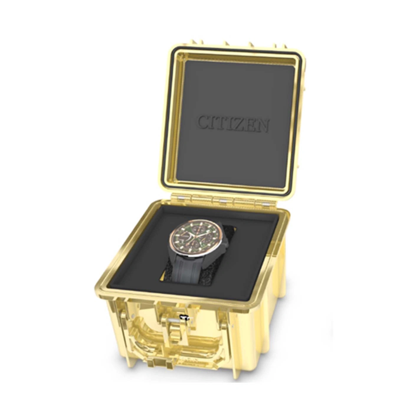 Een gouden horlogedoos met Citizen-logo en een horloge erin