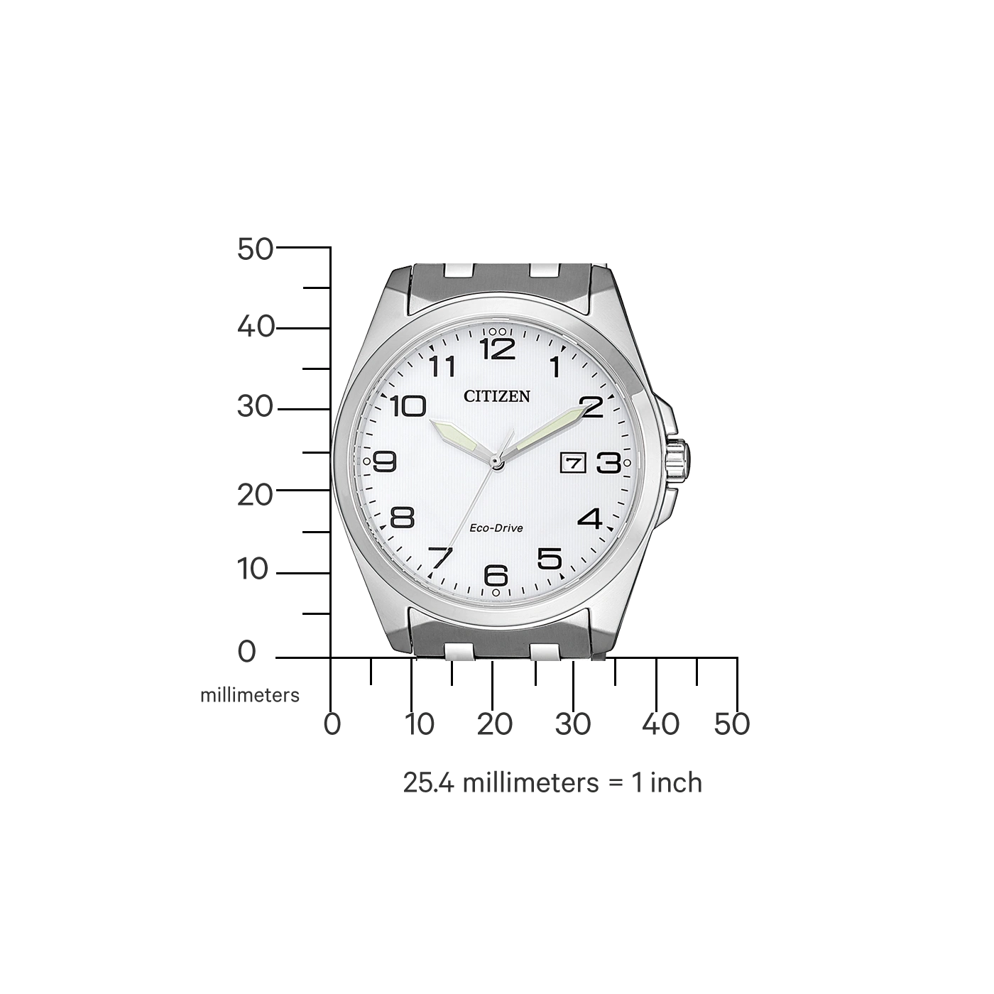 Citizen horloge met witte wijzerplaat, cijfers en Eco-Drive technologie, die de tijd aangeeft.