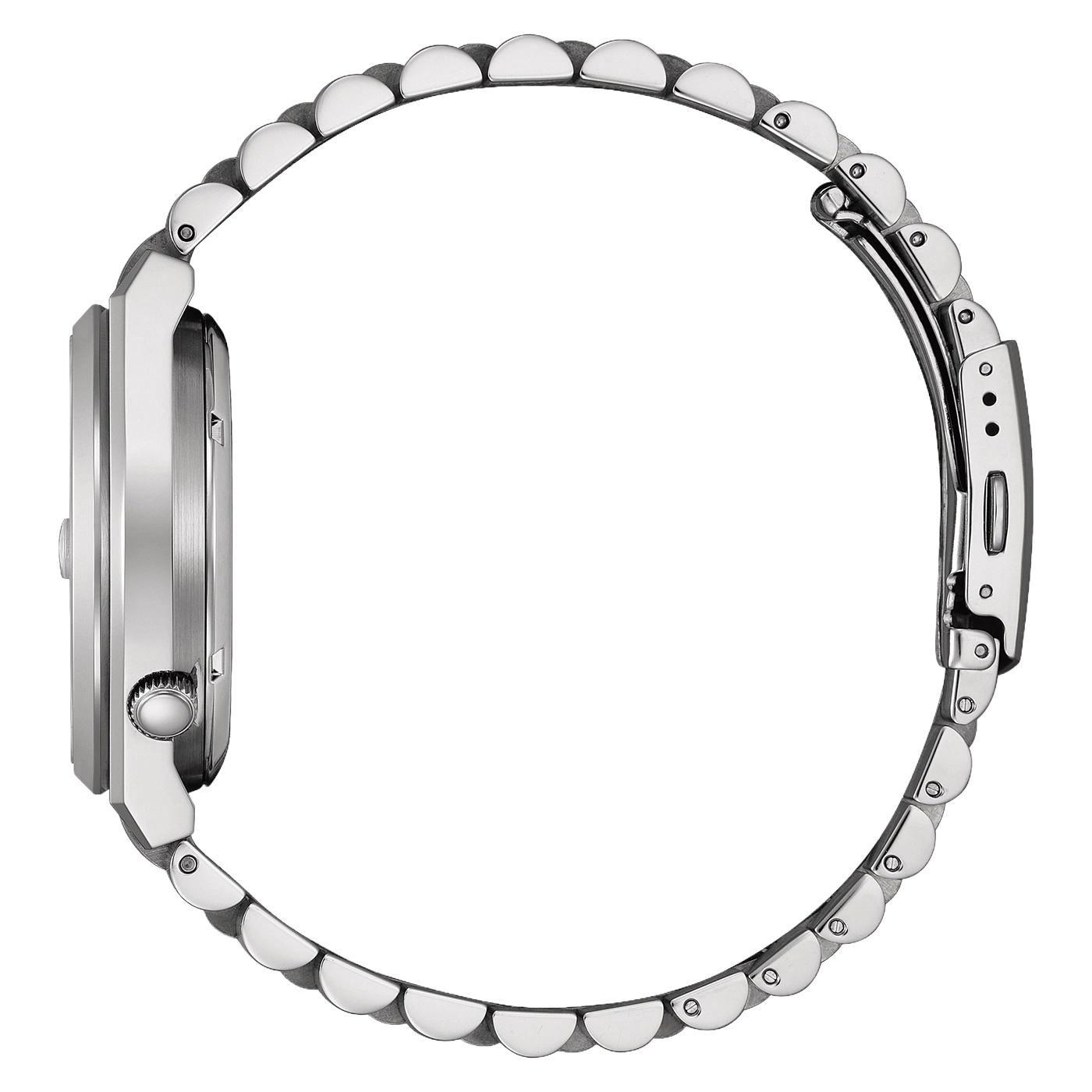 Zijaanzicht van een zilveren horloge met metalen band.
