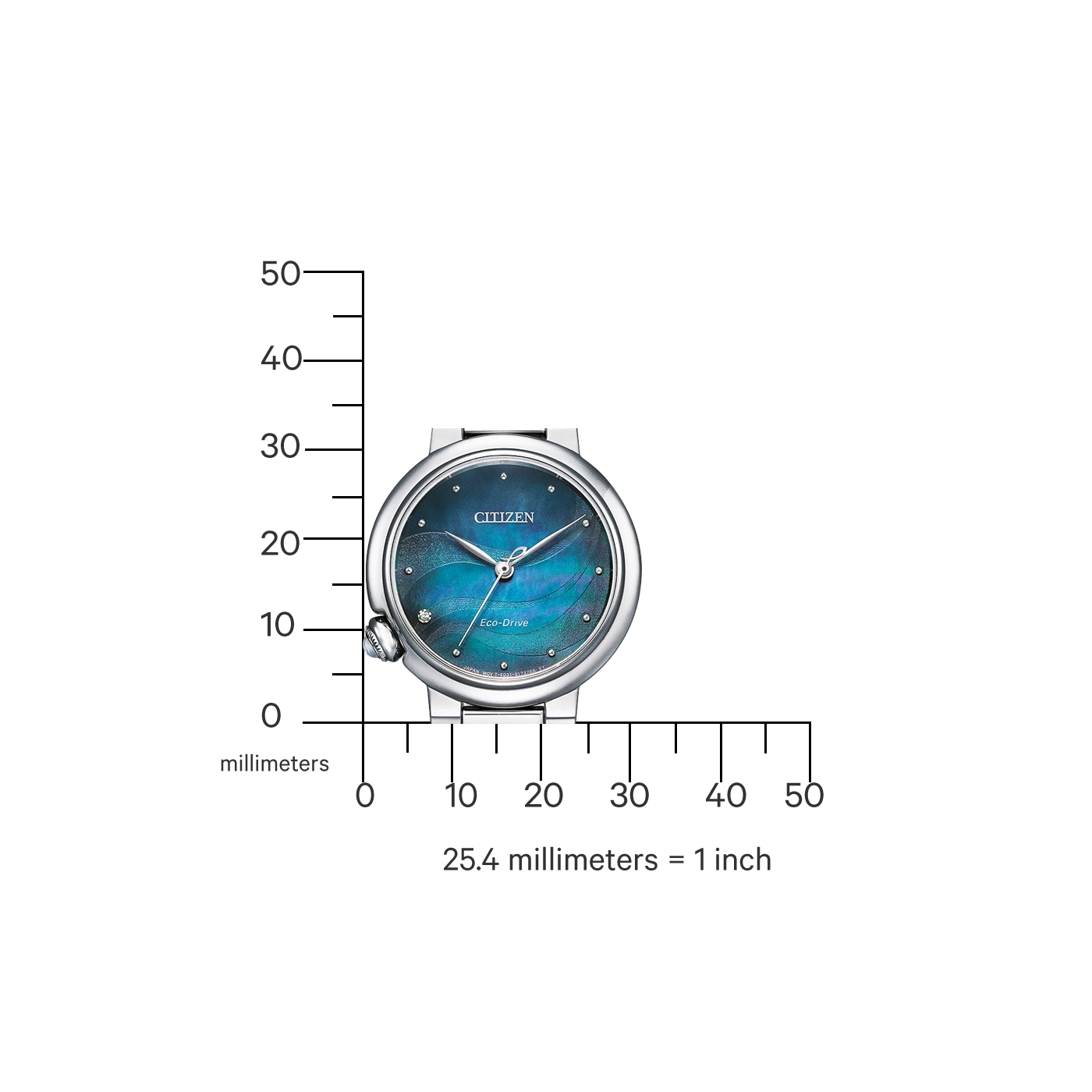 Citizen horloge met blauwe wijzerplaat, meetschaal en Eco-Drive technologie.