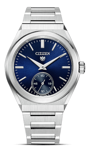 Citizen horloge met blauwe wijzerplaat en zilveren band, elegant design.