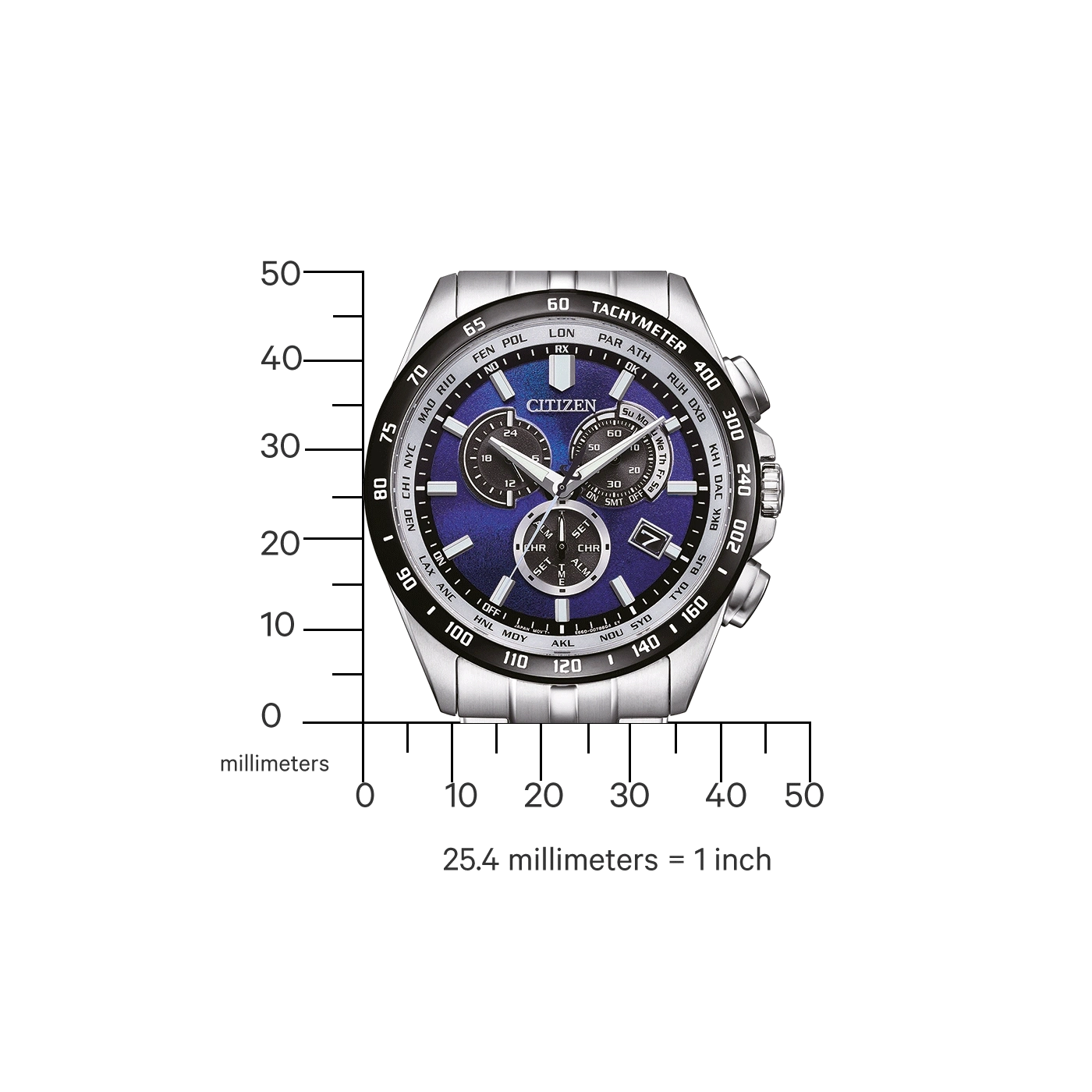 Citizen horloge met blauwe wijzerplaat, zilveren band en chronograaffuncties, gemeten in millimeters.