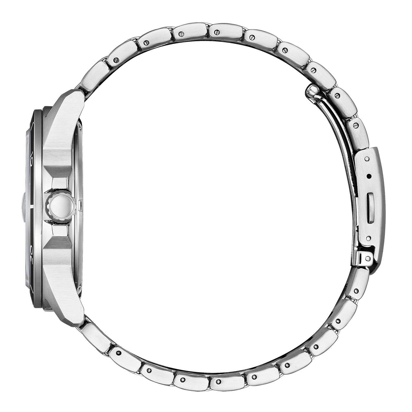 Zilveren horloge met metalen band, zijaanzicht, geïsoleerd op witte achtergrond.